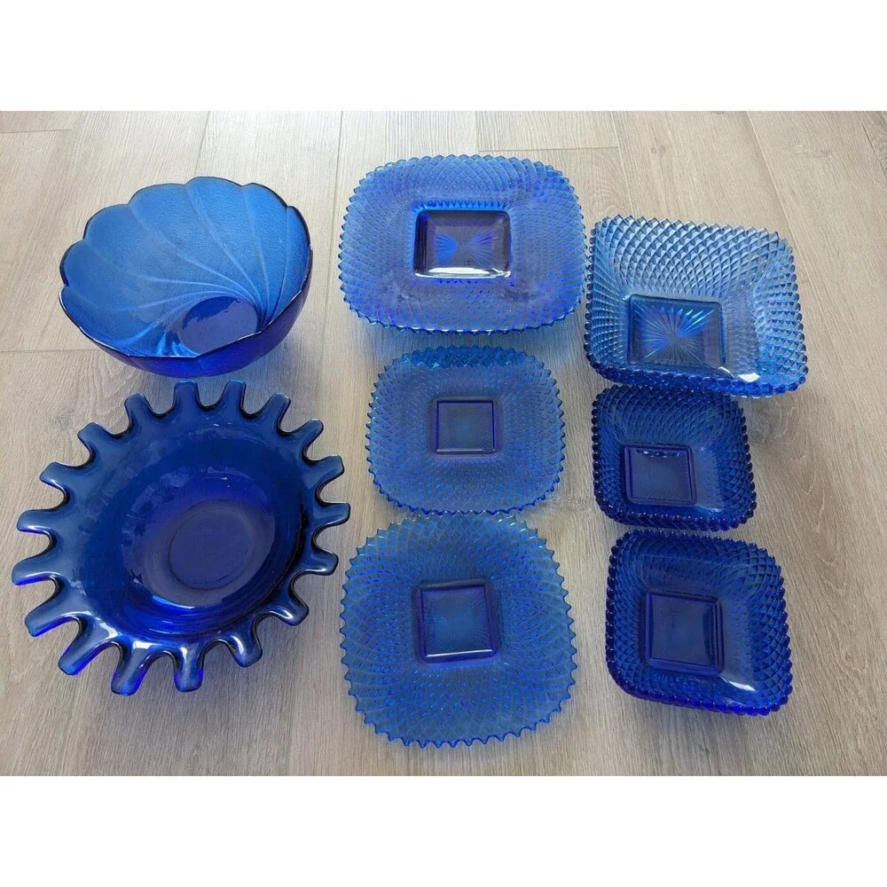 Vtg Cobalt Blue Diamond Point Hobnail Sawtooth Scallop Glass Bowl Platter Plate